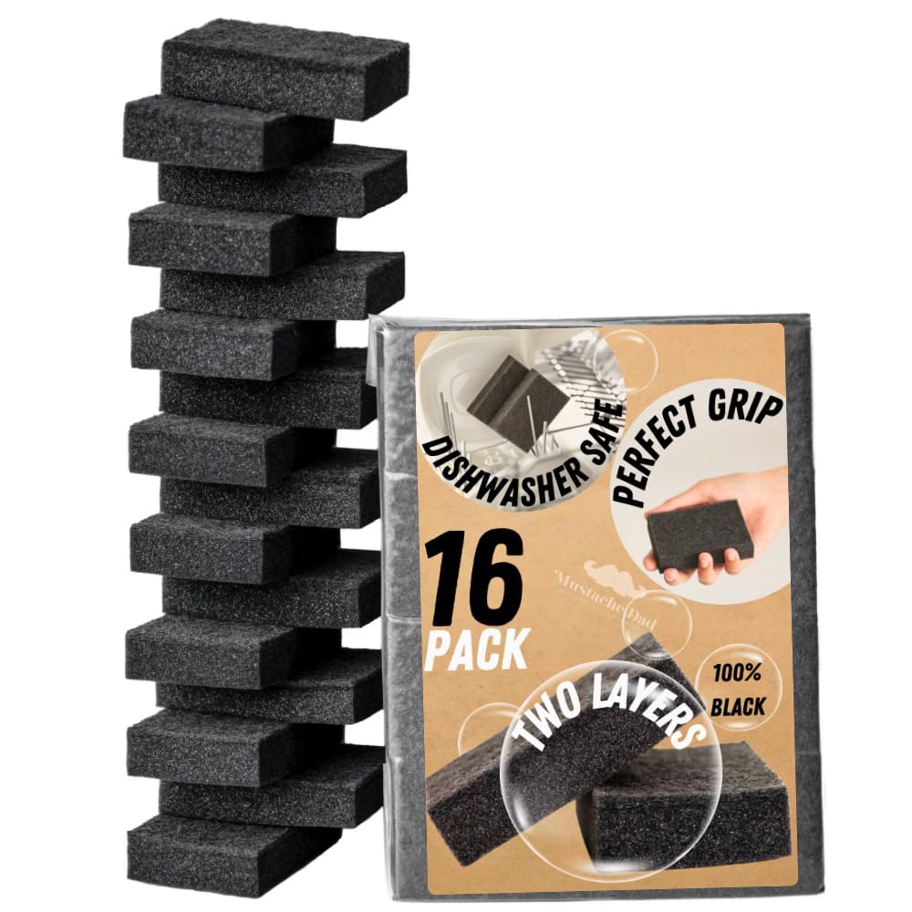 Mustache Dad Black Sponge 16 Pack Black Sponges Kitchen Odorless Durable Black Sponges for Dishes Black Dish Sponge Black Sponges for Dishes Non Scratch Fiber Totally Black